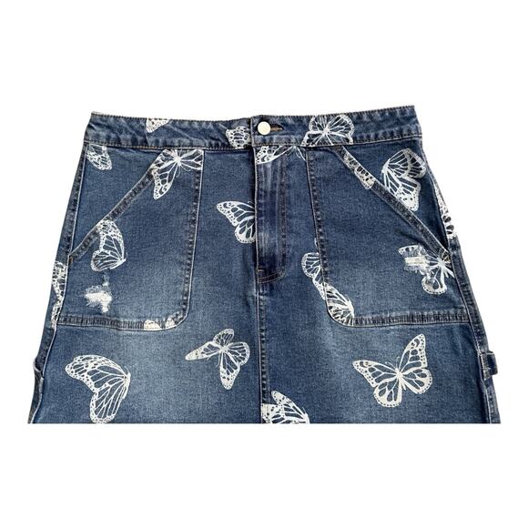 NO BOUNDARIES Womens Size 15 Blue White Butterfly Print Denim Jean Mini Skirt - Picture 4 of 7